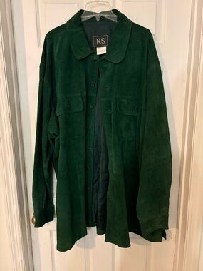 Men’s Genuine Leather Suede Shirt Jacket Green 5XL Soft Button-Up Overshirt KS